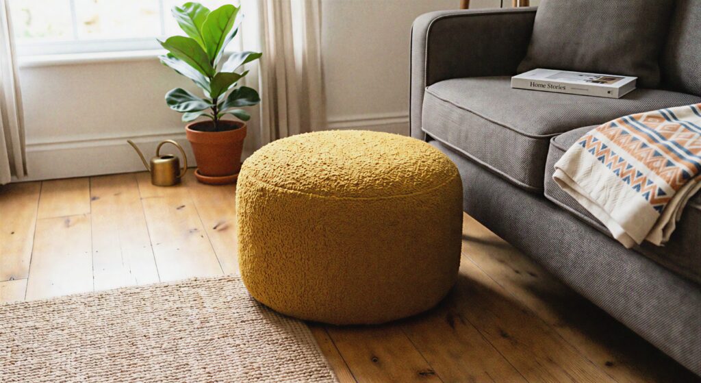 A round mustard yellow bouclé fabric pouf sitting on a hardwood floor next to the corner of a sofa.