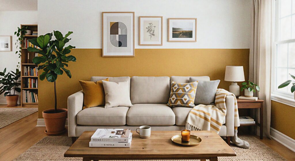  A living room wall painted mustard yellow on the bottom half and bright white on the top half behind a neutral couch.