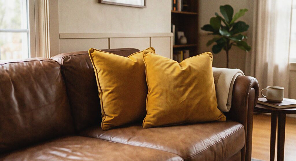 Two rich mustard yellow velvet throw pillows styled on the corner of a warm brown leather living room sofa.