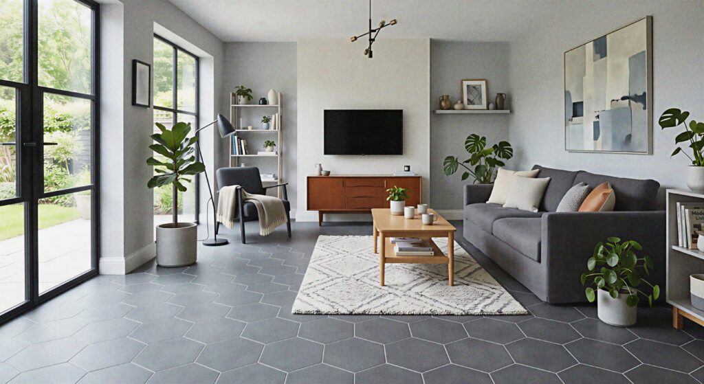 Contemporary living room showcasing unique muted graphite hexagonal porcelain plank flooring with clean grout lines.