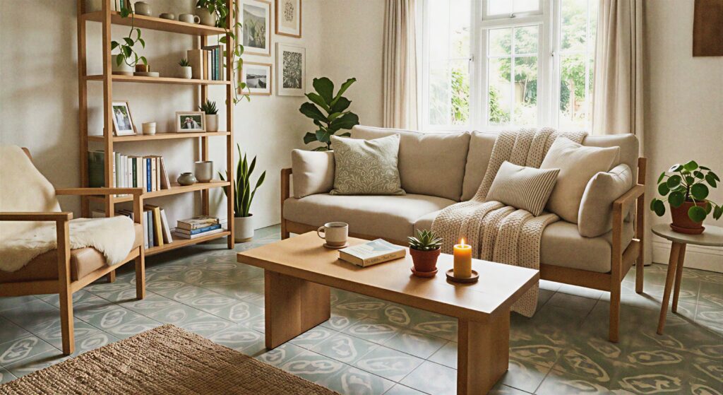 A cozy living room featuring muted sage green encaustic cement tiles with soft geometric patterns and light oak furniture.
