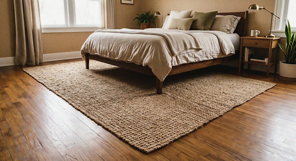 A large natural woven jute rug resting under a bed on hardwood floors in a tan bedroom. 