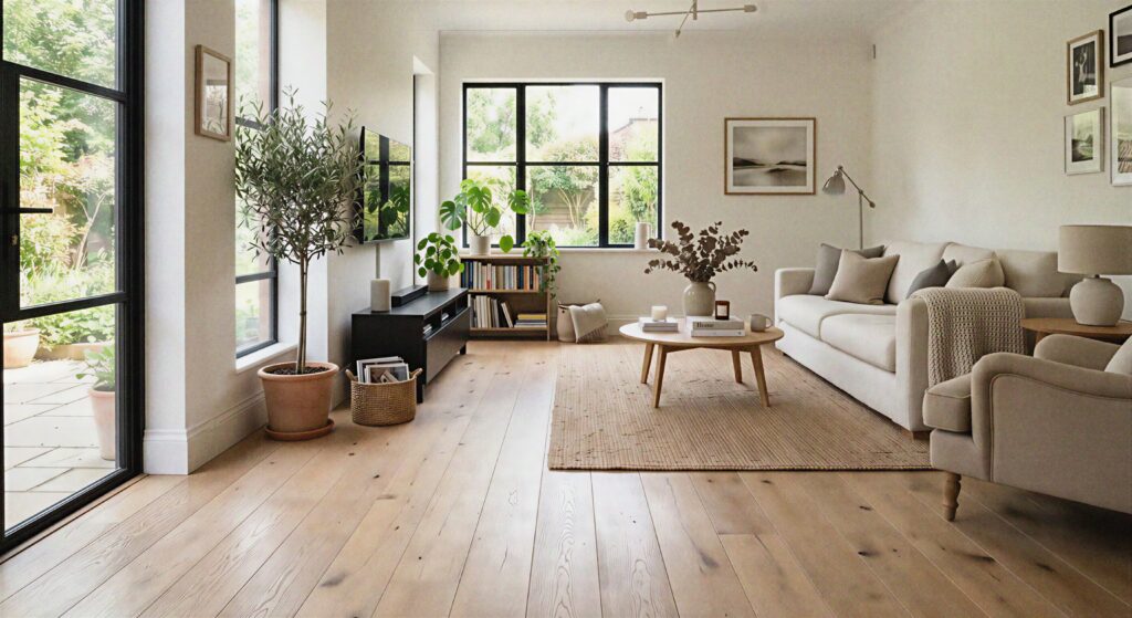A bright living room featuring wide plank white oak flooring with a matte finish and neutral furniture setup. 