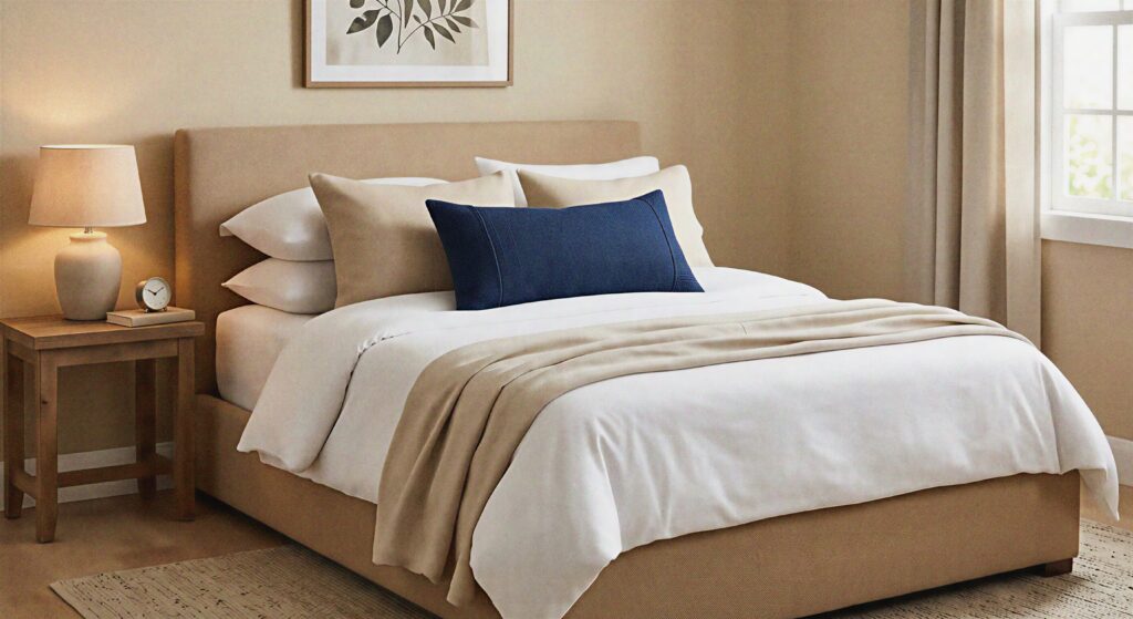 A tan bedroom bed styled with a structured, deep navy blue lumbar accent pillow.