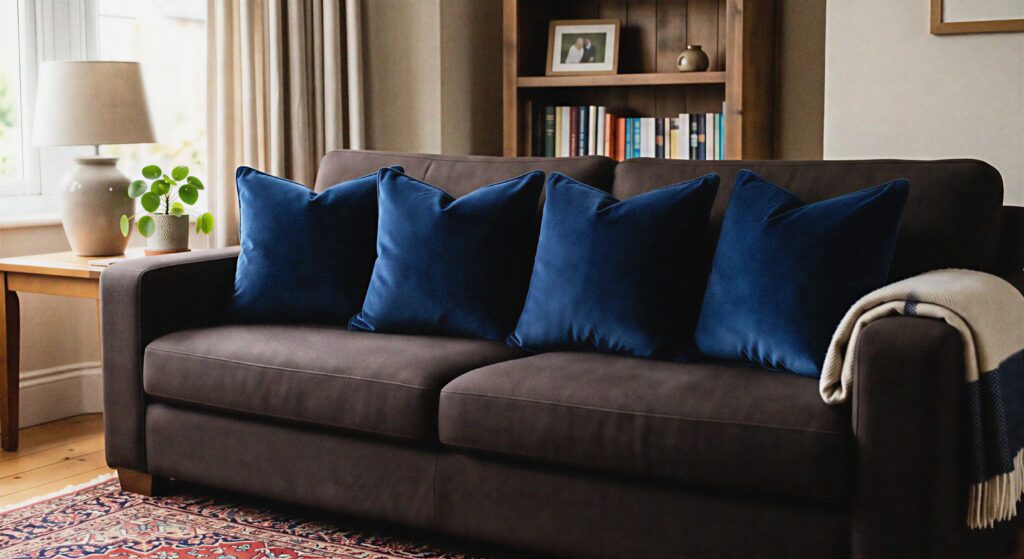 Rich navy blue velvet pillows arranged neatly on a dark brown sofa.