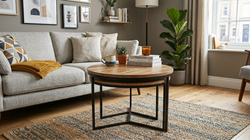 Two round wood and metal nesting tables stacked in a modern small apartment.