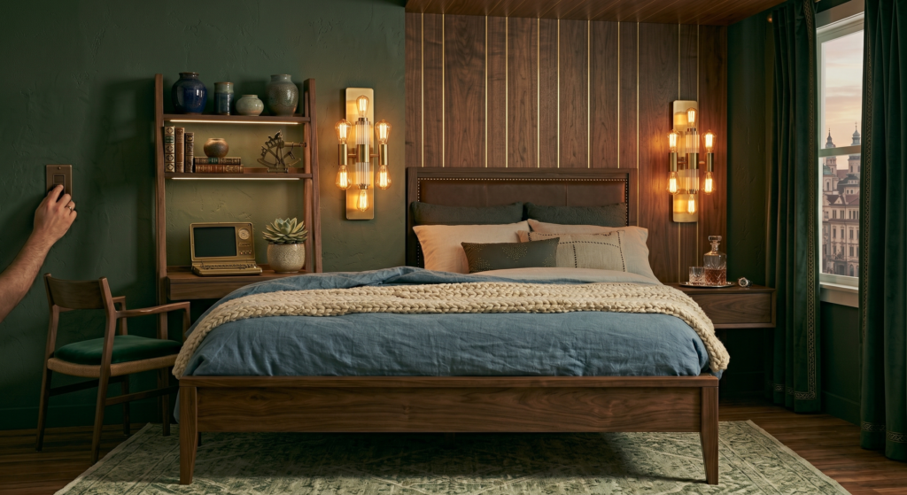  Vertical light oak wood slats installed on a bedroom wall as a headboard feature.