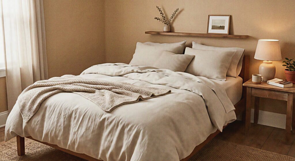 Cozy bed styled with oatmeal-colored linen sheets and a matching duvet against a tan wall.