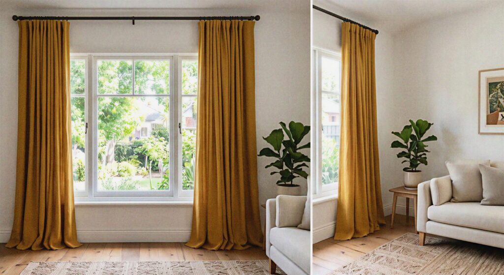 Long, floor-to-ceiling drapery panels made of soft ochre yellow linen fabric hanging next to a large living room window.