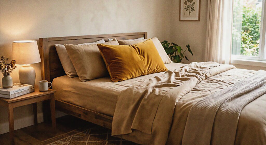 A bed with tan sheets and a rich ochre yellow velvet accent pillow.