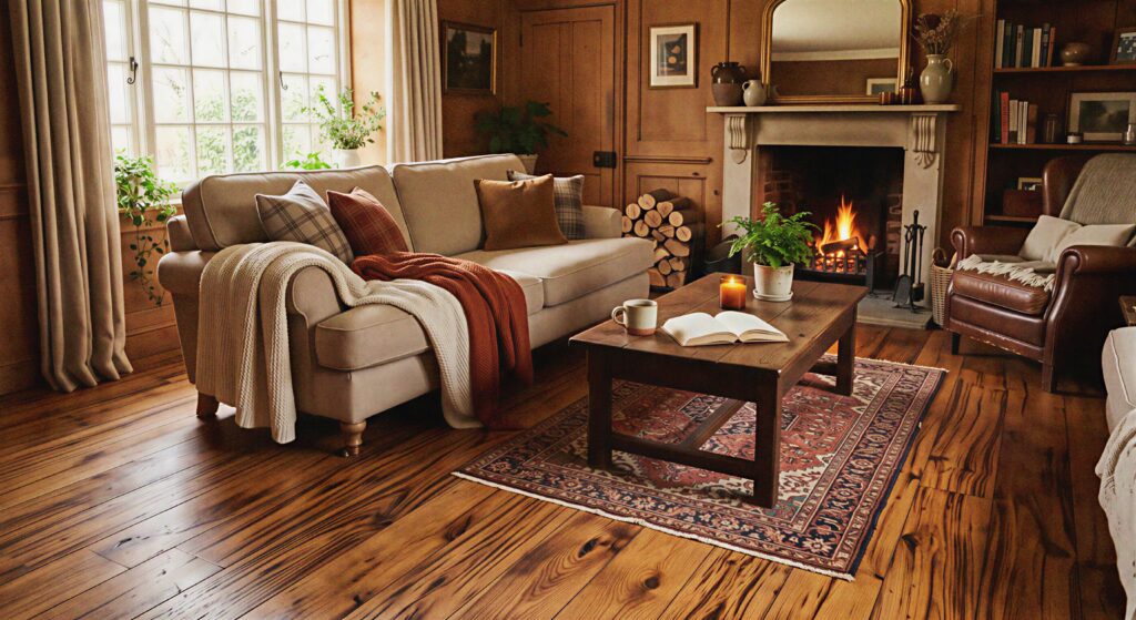  Warm and inviting living room featuring genuine oiled antique chestnut solid wood flooring with dramatic grain lines.