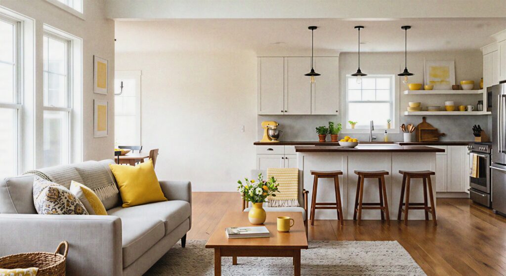 An open-concept home looking from the living room to the kitchen, with matching yellow accent decor items in both spaces.
