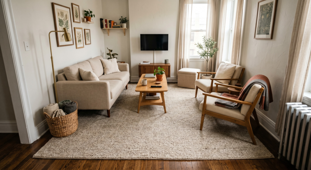 A large neutral area rug covering most of the floor in a small living area.