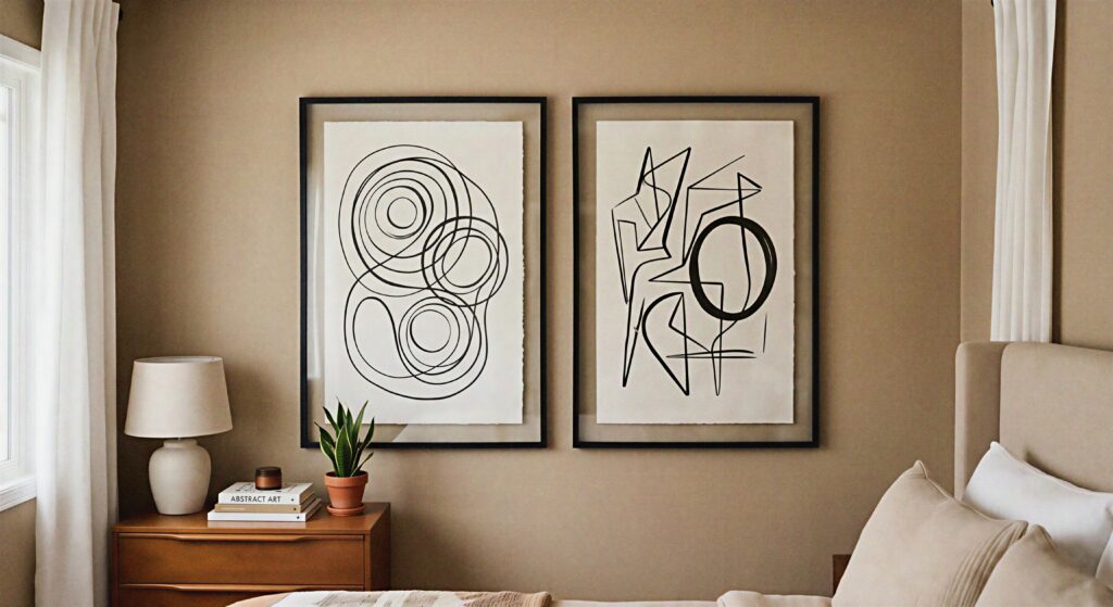 Two large framed abstract black line art prints hanging side by side on a tan bedroom wall.