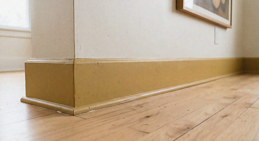 A close-up of a living room wall with baseboards painted in a muted gold yellow color meeting a light hardwood floor.
