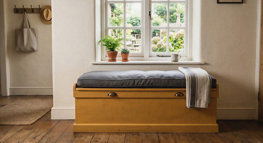 A simple wooden storage bench painted in honey yellow sitting under a window with a grey cushion on top.