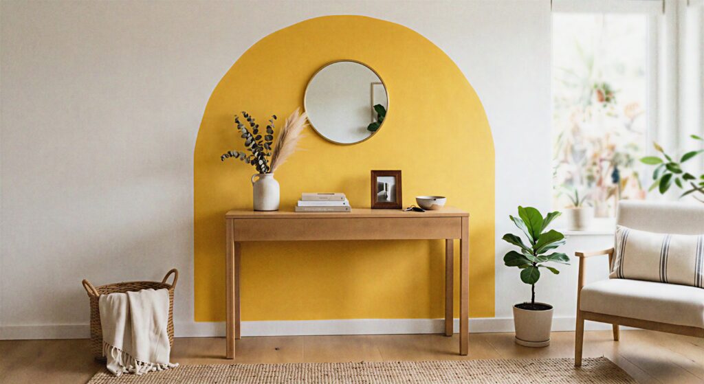  A large painted dandelion yellow arch on a white living room wall framing a minimalist wooden console table.