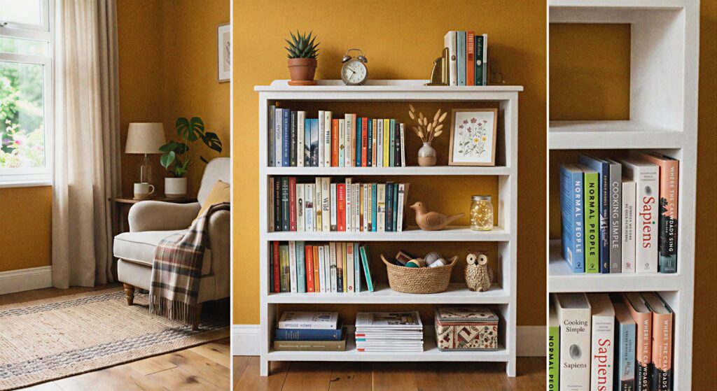 A white wooden bookcase with the back wall painted in a rich honey yellow shade, filled with books and decor items.