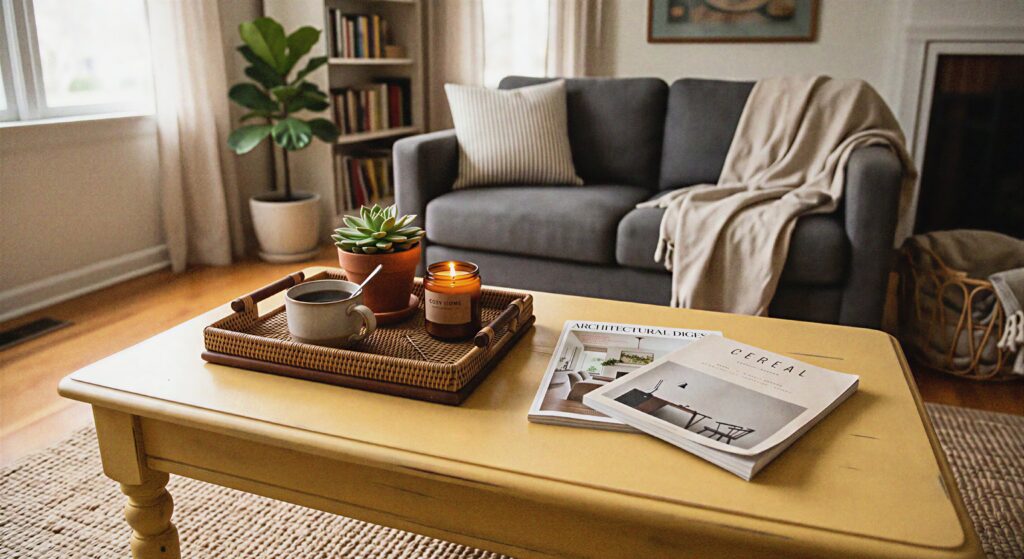 A wooden coffee table painted in a soft cornmeal yellow color, styled with a tray and magazines in a living room.