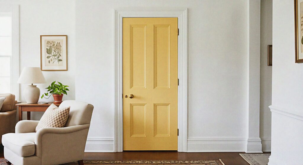 An interior living room door painted in a cheerful straw yellow color contrasted against clean white wall trim.
