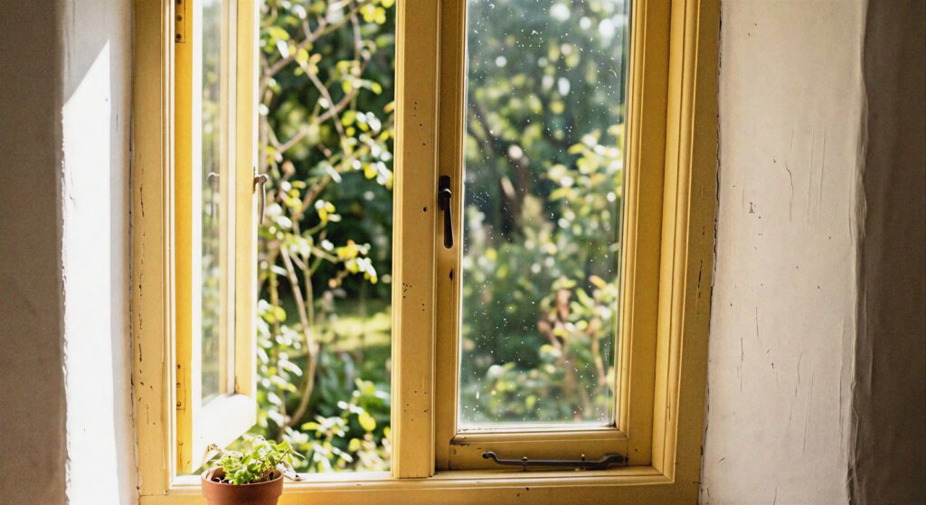A close-up of a white wall with a window frame painted in a soft, warm banana yellow color as daylight streams through.