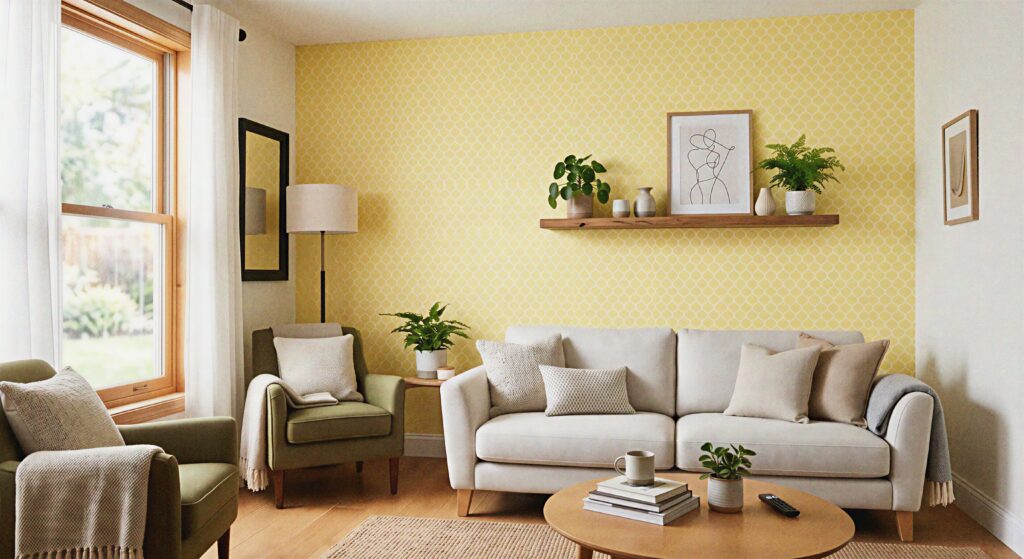  A living room accent wall covered in pale primrose yellow peel-and-stick wallpaper with a delicate white geometric pattern.