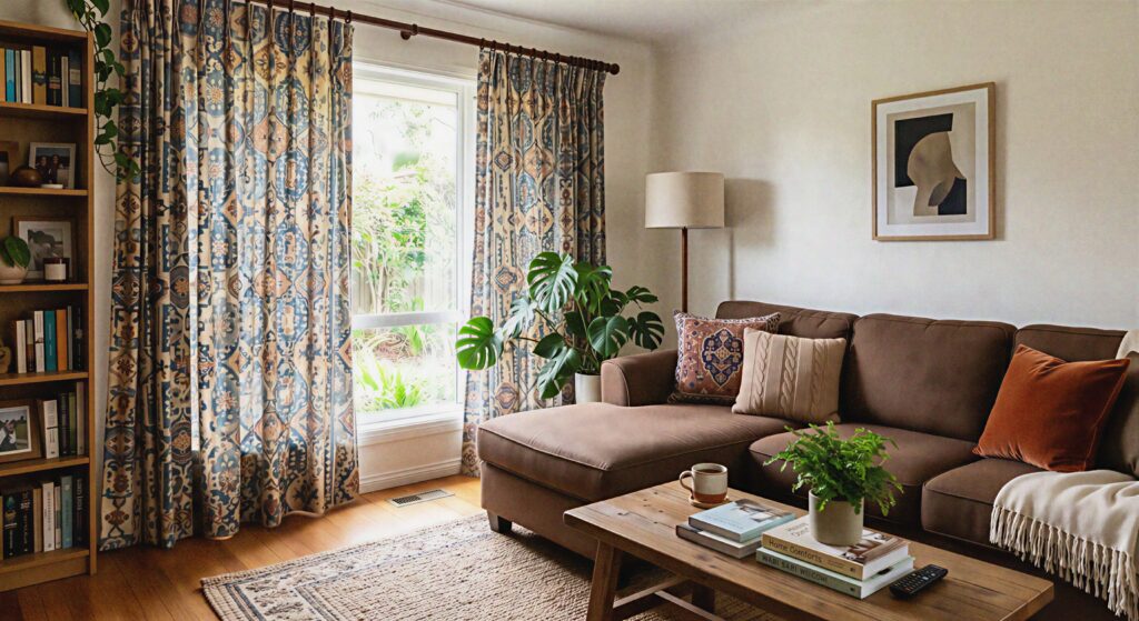 Patterned curtains hanging next to a living room setup with a brown couch.