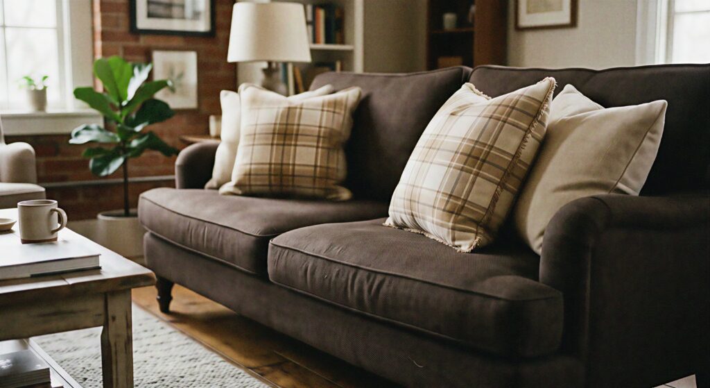  Cream and tan plaid pillows arranged on a dark brown fabric couch.