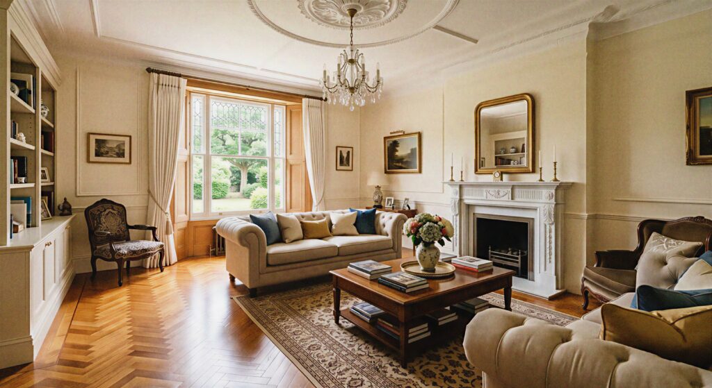  Seamless polished ivory concrete floor in a modern open-concept living room with plush decor.