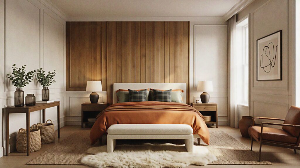A premium and cozy tan bedroom interior featuring layered monochromatic neutral tones, a raw oak wood accent wall, modern charcoal black framed art, sage green pillows, linen curtains, and a chunky natural jute area rug.