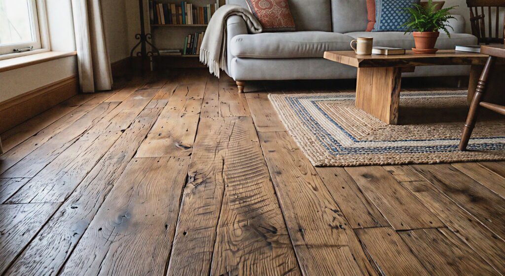 Textured living room floor made from rustic reclaimed barnwood planks showing original saw marks and rich character.