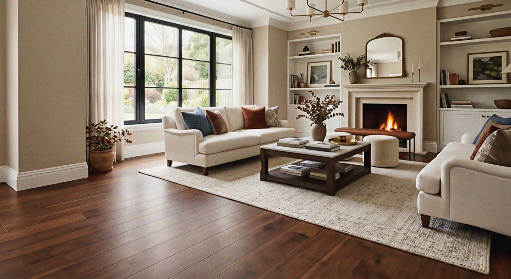 A luxurious living room with deep roasted walnut wide plank flooring and contrasting white baseboards and light rug.