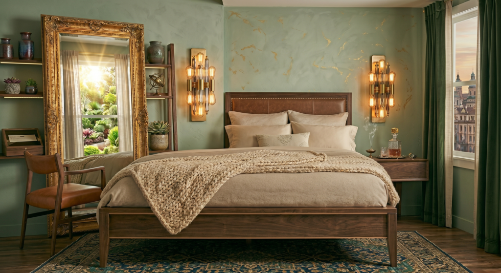 A bedroom with soft sage green walls and neutral linen bedding.