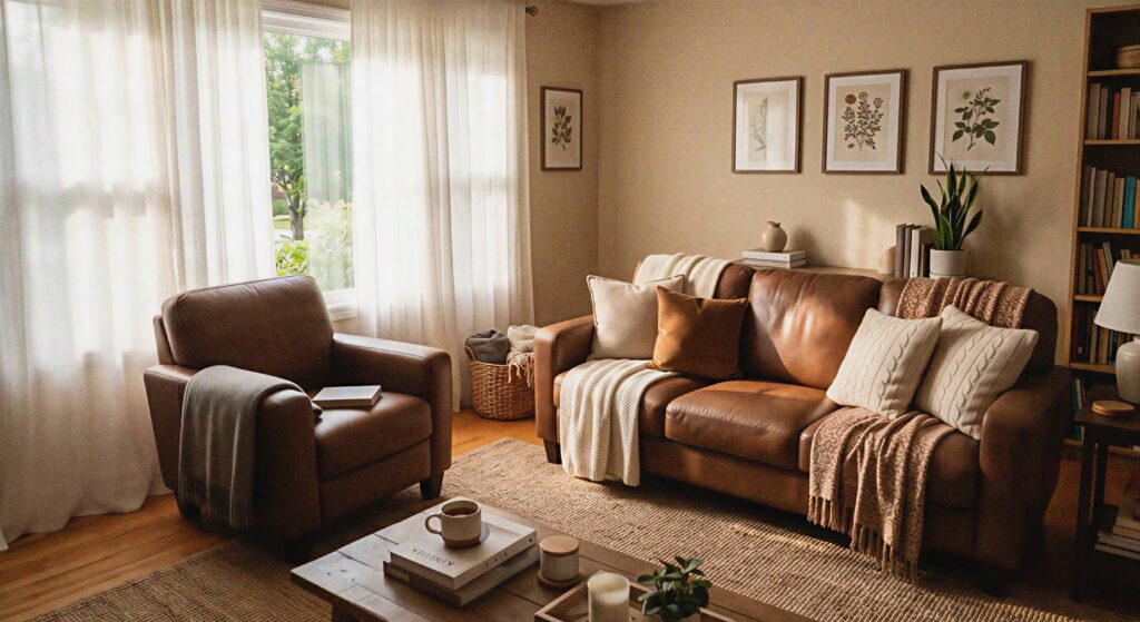 Soft sunlight filtering through sheer white curtains onto a brown living room set.