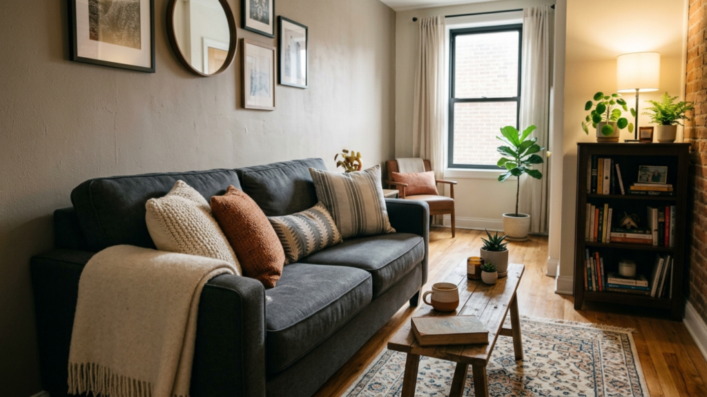 A deep grey loveseat styled with pillows in a cozy, narrow living room.