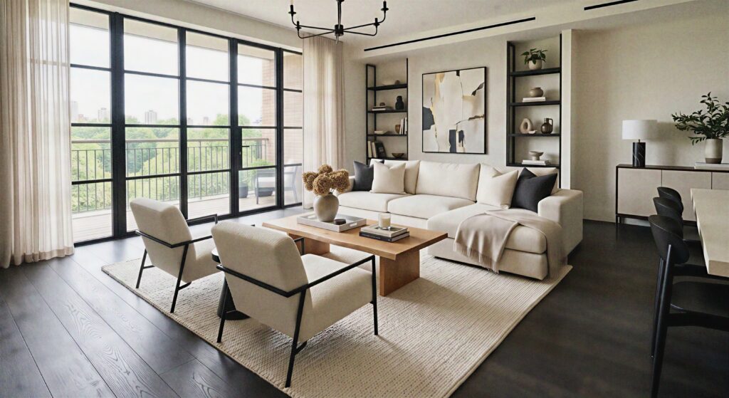  A sophisticated living room featuring dark smoked charcoal engineered wood flooring with contrasting cream-colored furniture pieces.