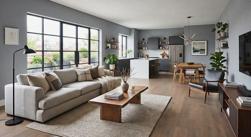Modern open space living room with smoked pearl European beech wood flooring and cool gray walls. 
