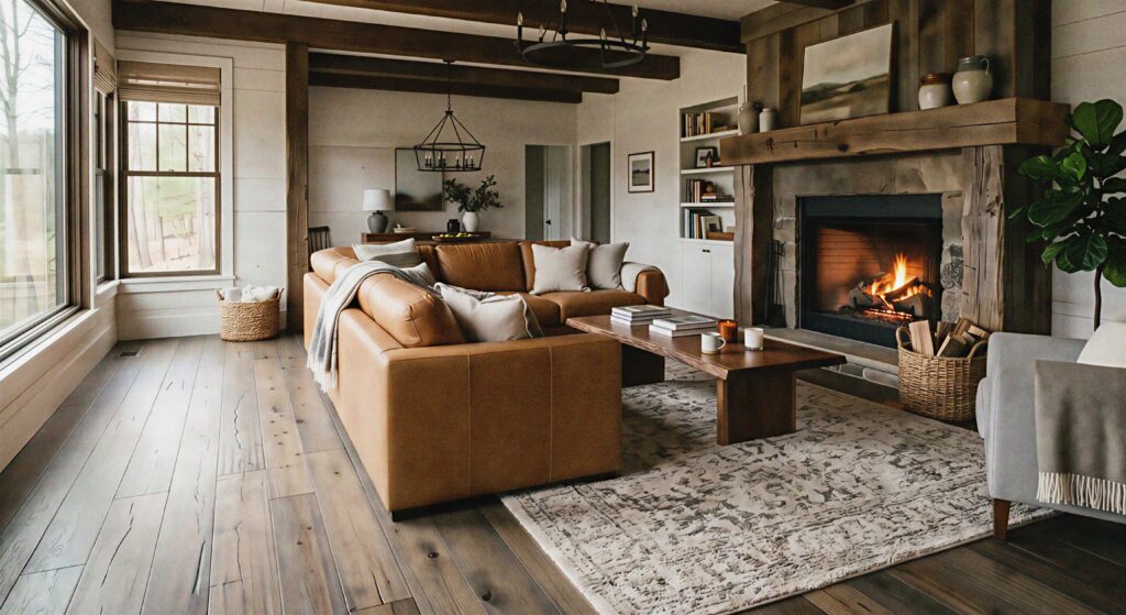 Rustic modern living room displaying durable random width hickory flooring with a smoked pewter finish. 