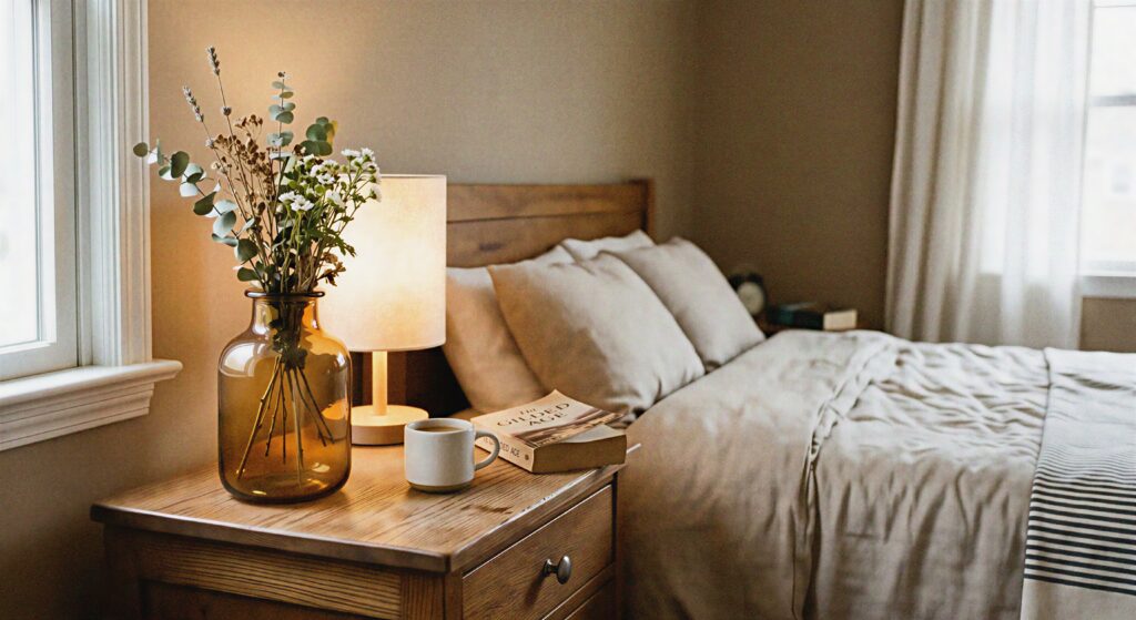 An amber-tinted smoky glass vase sitting on a wooden nightstand in a tan bedroom.