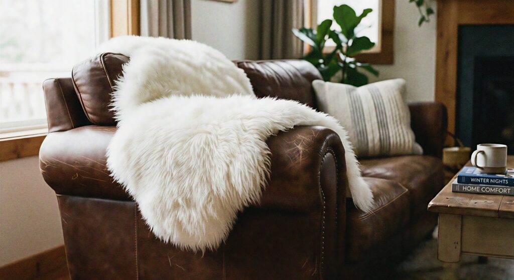 A fluffy white synthetic sheepskin throw draped over a brown leather couch arm.