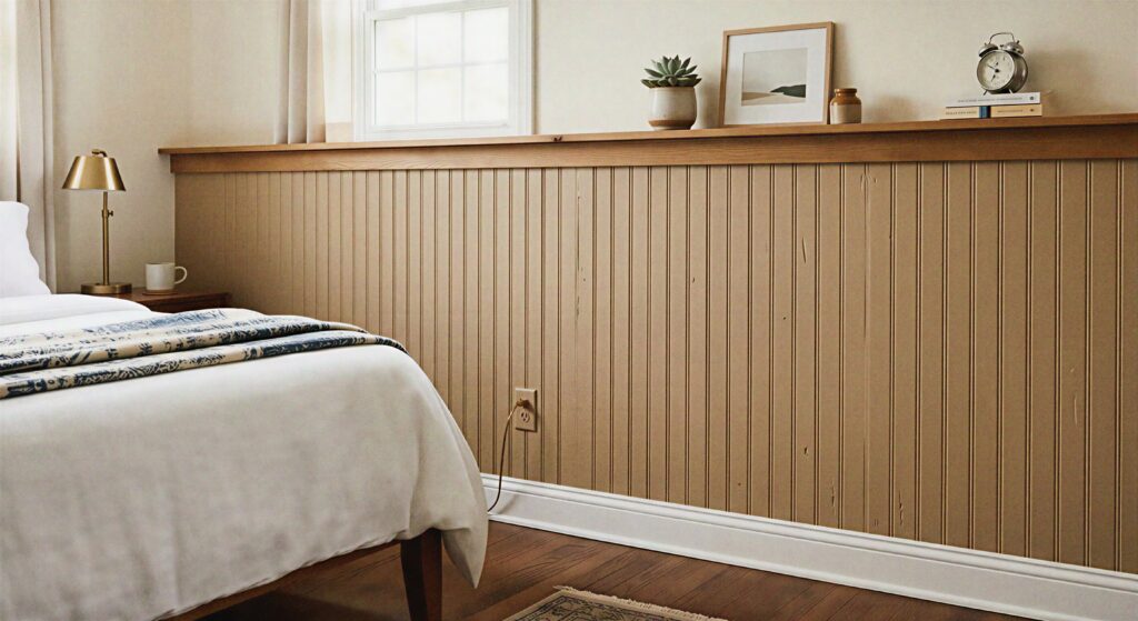 The lower half of a bedroom wall featuring tan painted beadboard paneling with a small ledge.