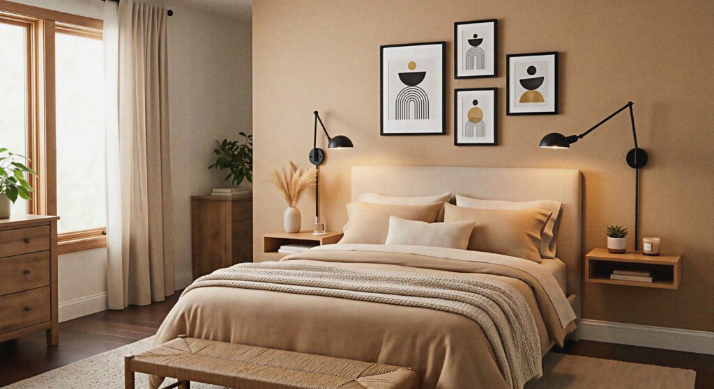 Modern tan bedroom featuring matte black bedside wall sconces and black metal art frames.