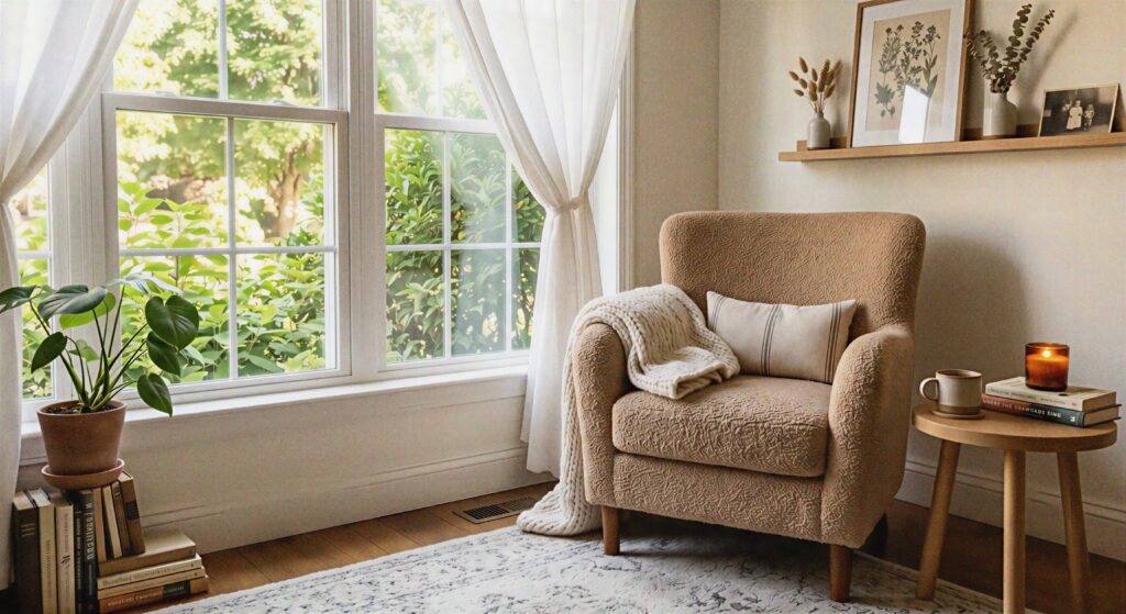 A cozy bedroom corner featuring a tan bouclé accent chair next to a window. 