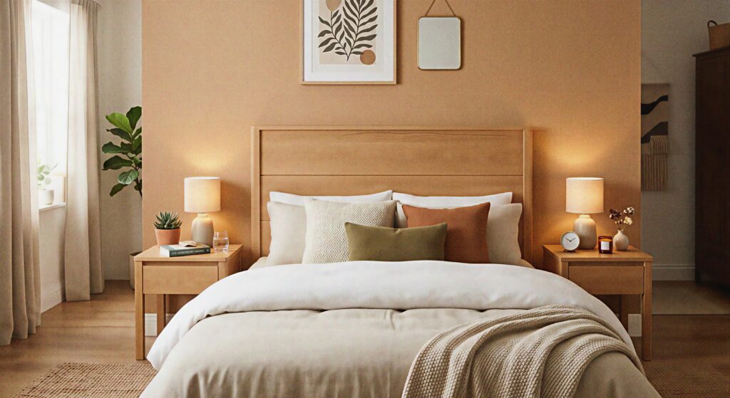 A light oak wooden headboard against a warm tan bedroom wall with matching nightstands.