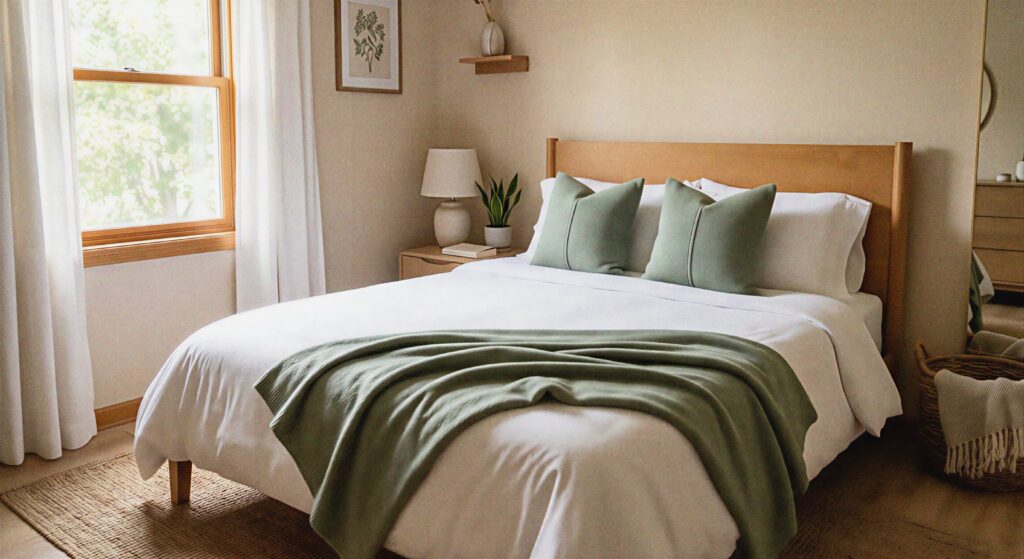 an bedroom with a soft sage green throw blanket and matching green accent pillows on the bed.