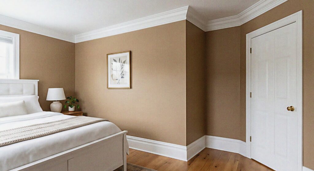 A tan bedroom wall contrasted with crisp white crown molding and baseboards.