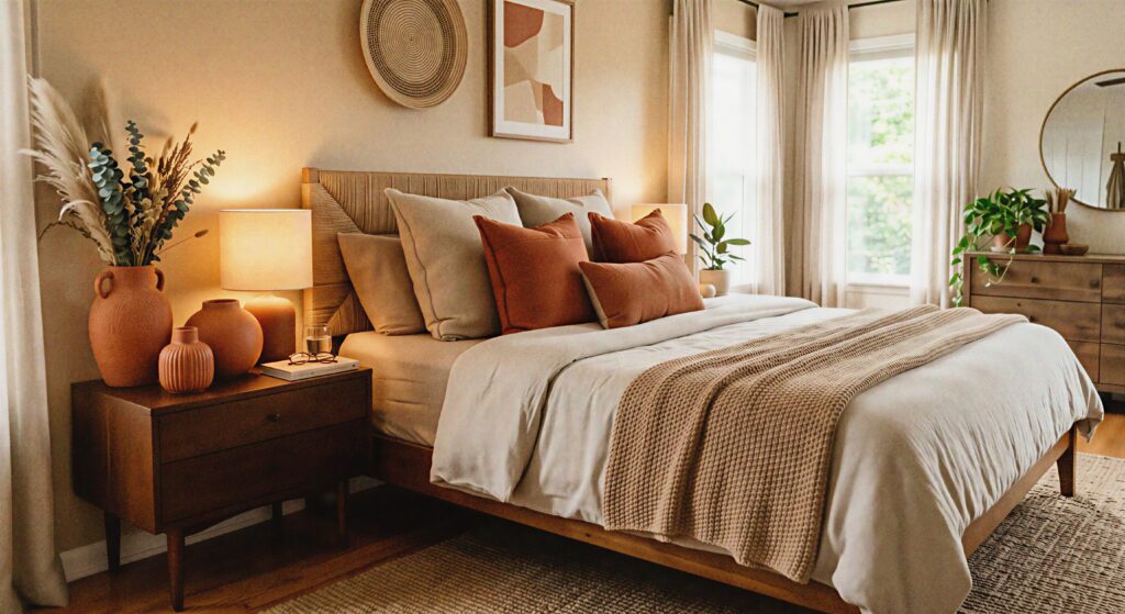 Tan bedroom styled with burnt orange terracotta ceramic vases and matching throw pillows.