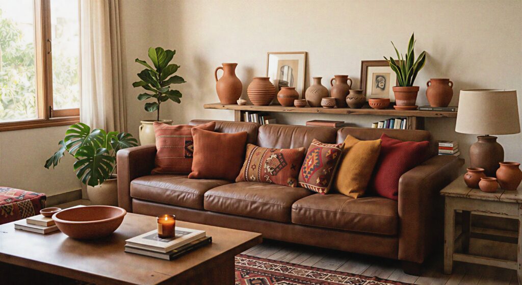 Living room with a brown couch and warm terracotta pottery and pillows.