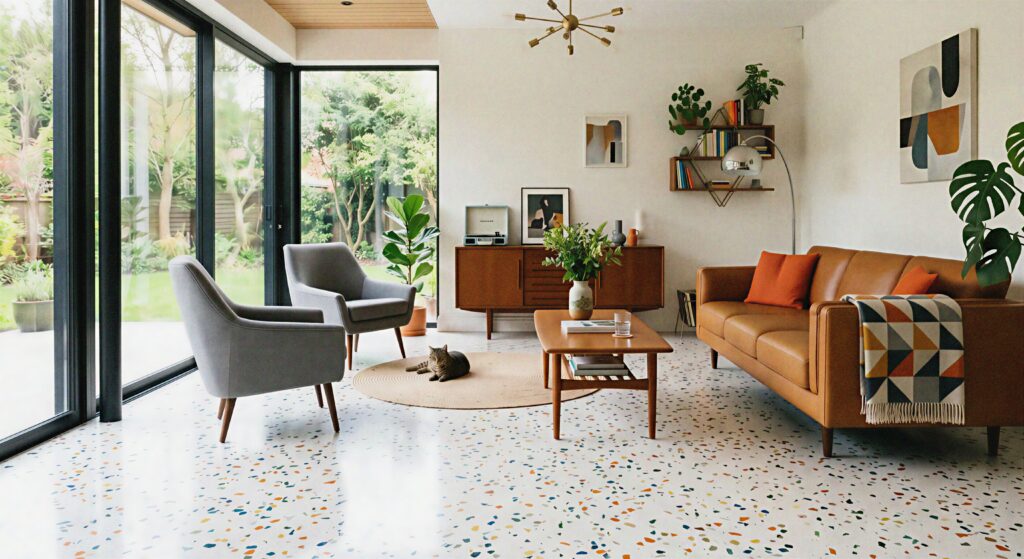  Bright mid-century modern living room featuring a seamless white eco-resin floor with colorful stone terrazzo flecks.