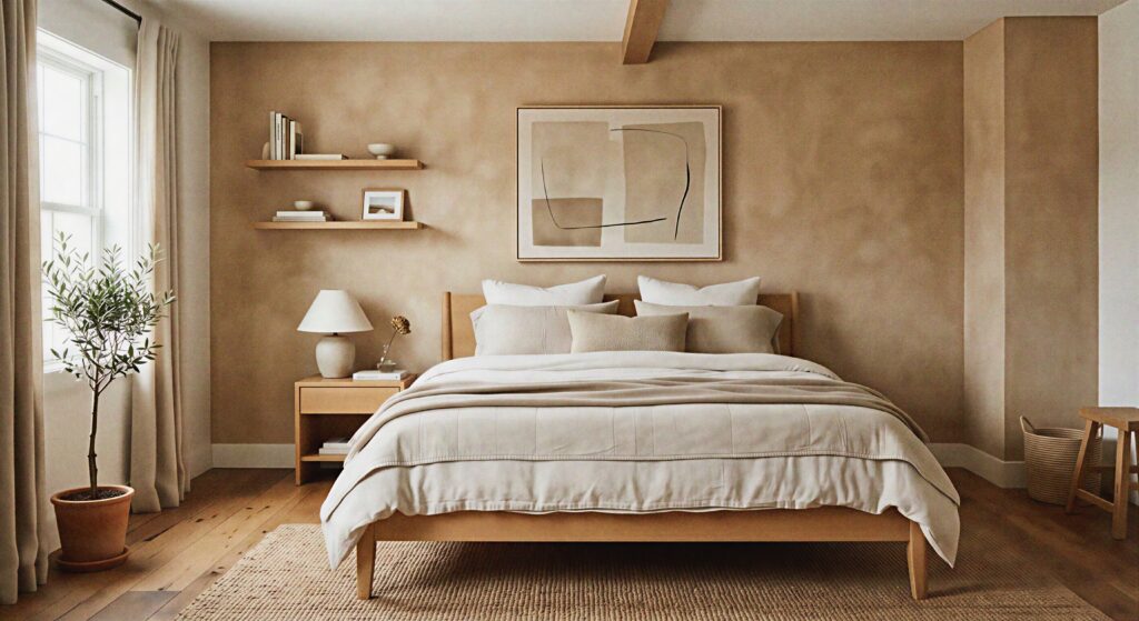  A bedroom accent wall with a textured tan plaster finish behind a minimalistic bed.